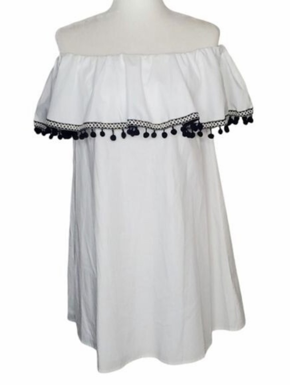 Aqua White Off-Shoulder Mini Dress with Pom Pom Trim